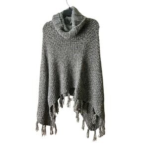 Lineamaglia Italy Knit Cowl Neck Fringe Poncho Cape Cover Up One Size Wool Blend